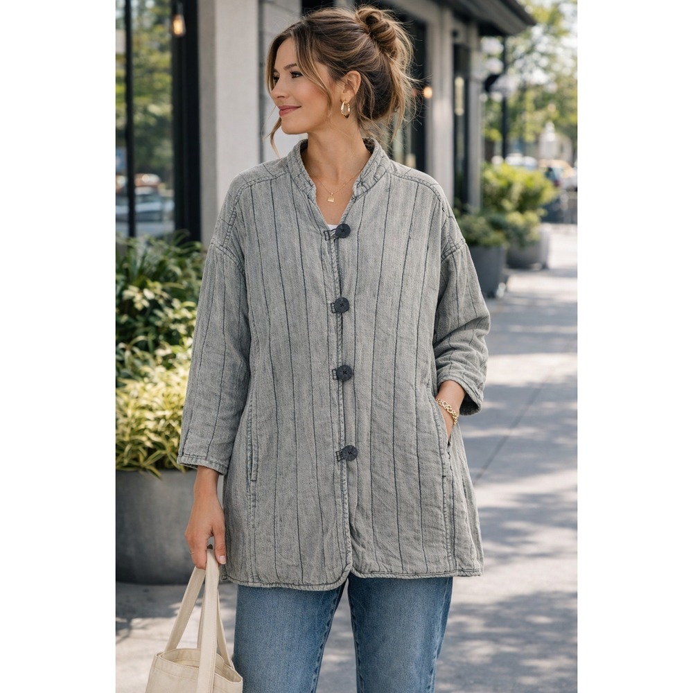 Waven Lykke Grey Pintuck Denim Jacket Medium Oversized Button Front Utility Coat